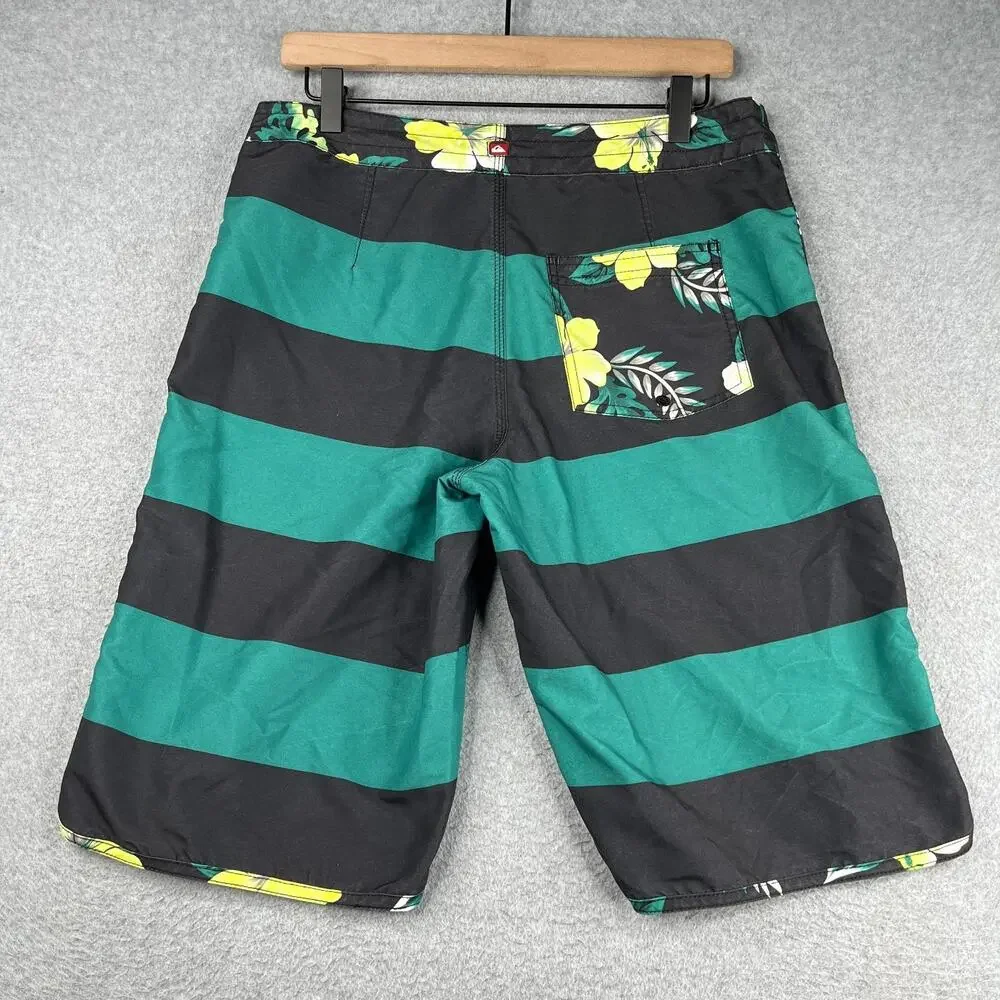 Quiksilver Swim Trunks Mens Green Black Striped Board Shorts Draw String Size 30